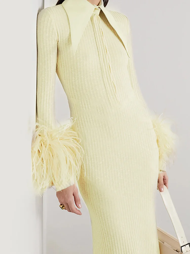 DEAT Элегантное платье с рукавами лацканами и перьями однобортные женские платья