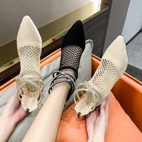 classic fashion black air mesh boots women summer square heels crystal boots lady breathable shoes woman ankle boots new 2022