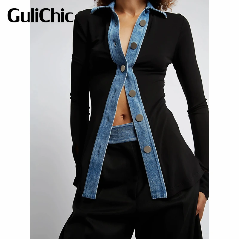 12.7 GuliChic Women High Street Casual Comfortable Contrast Color Patchwork Denim Single Breasted Collect Waist Slim Shirt