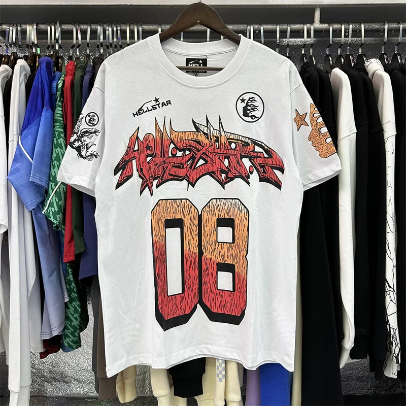 

Hellstar Flame Logo White Black High Quality Cotton Round Neck Mens Womens Loose Casual Hellstar Short Sleeve T-Shirt Tops