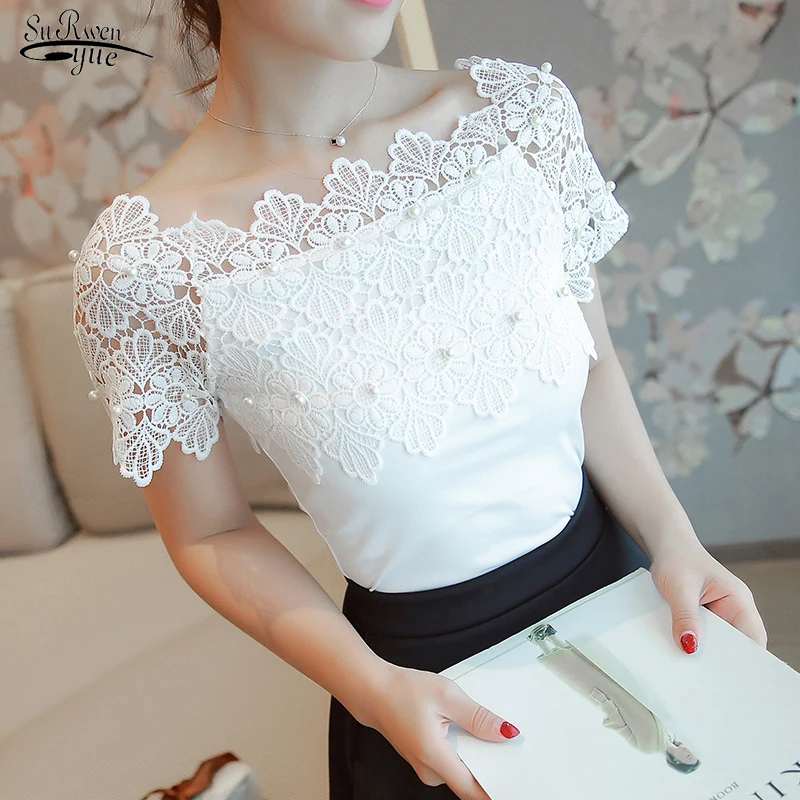 

Fashion 2022 Short Sleeve Shirt White Beading Patchwork Lace Women's Clothing Sexy Slash Neck Women Blouse Tops Blusas 80F 30