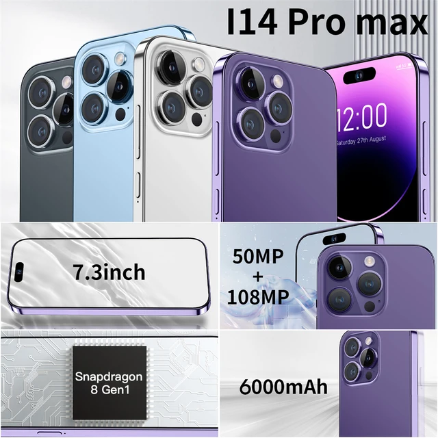 i14 Pro Max Smartphone 7.3 inch Full Screen Face ID 6000mAh Mobile Phones Global Version 4G 5G Cell Phone 3