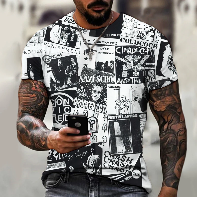 

2022 New Summer Design Poster Newspaper 3D Full Body Printing Black And White Color Fashion Men's T-Shirt Short Sleeve Top