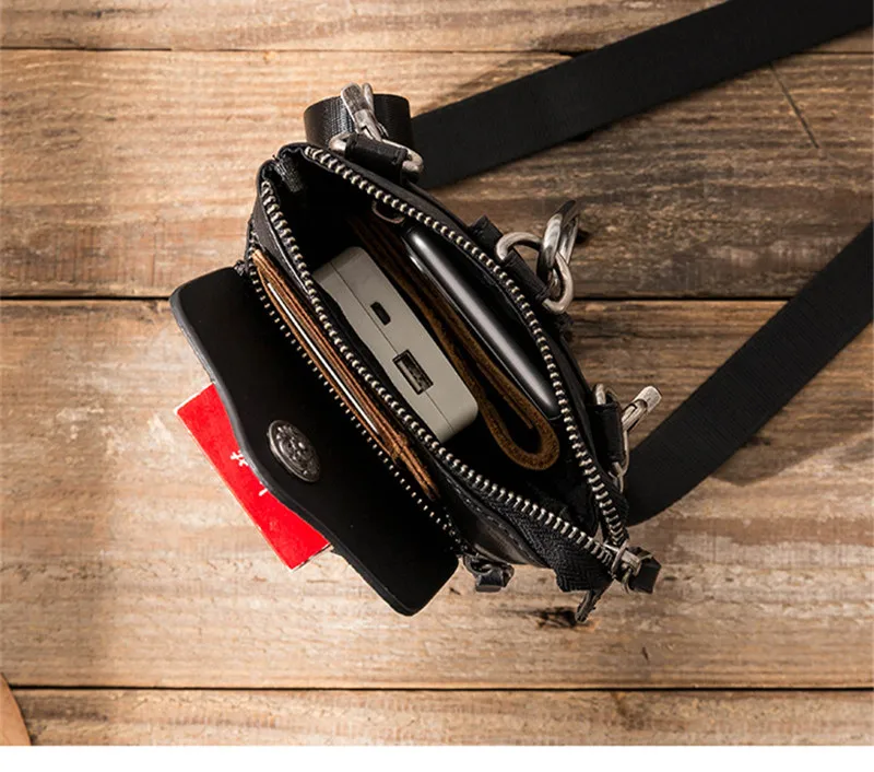 Retro fashion natural genuine leather men's black mini mobile phone bag daily outdoor key wallet single shoulder messenger bag