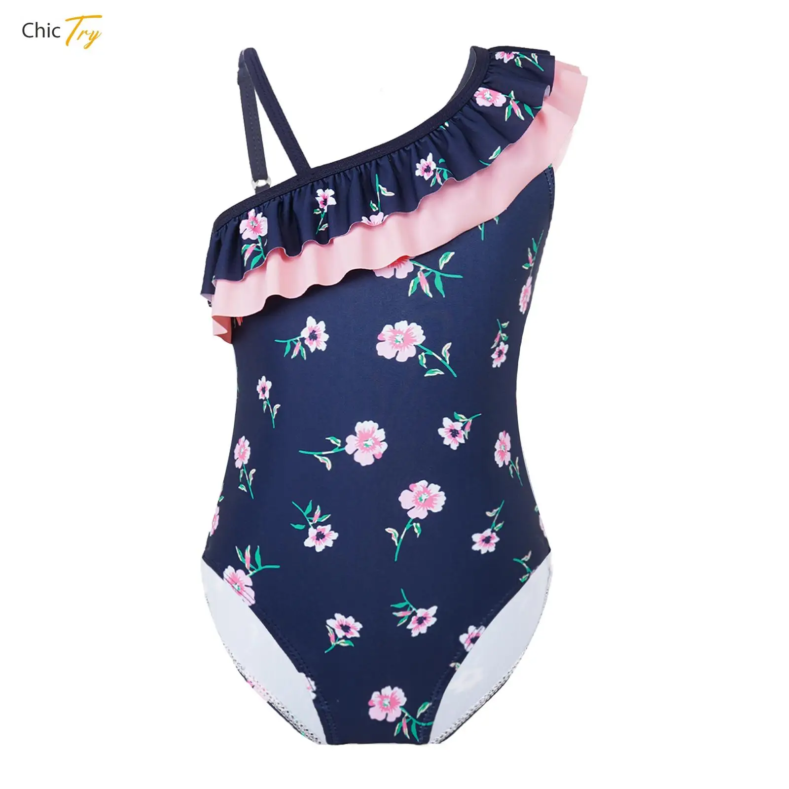 Детский купальник на одно плечо для девочек с цветочным принтом воланом и