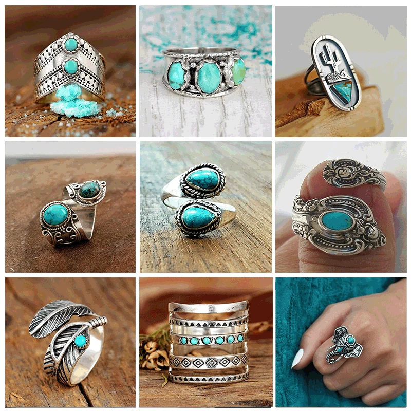 

Bohemian Ethnic Style Faux Turquoise Adjustable Rings Women 2023 New Vintage Creative Leaves Party Vacation Jewelry Accessories