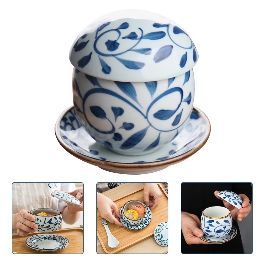 

1 Set Ceramic Stew Pot with Lid Tray Steam Soup Bowl Steaming Cup for Home Kitchen Egg Custard Medicinal Birds Tonic