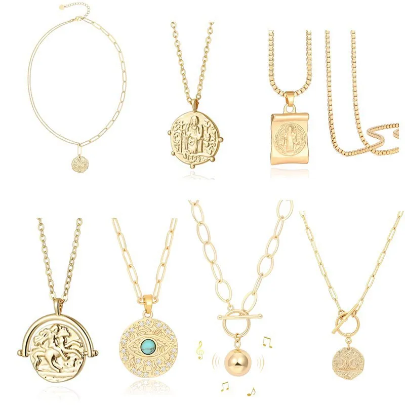 

Minar Fashion Multi-Type Geometric Round Square Metal Coin Pendant Necklace for Women Ladies Gold Color Brass Necklace Jewelry