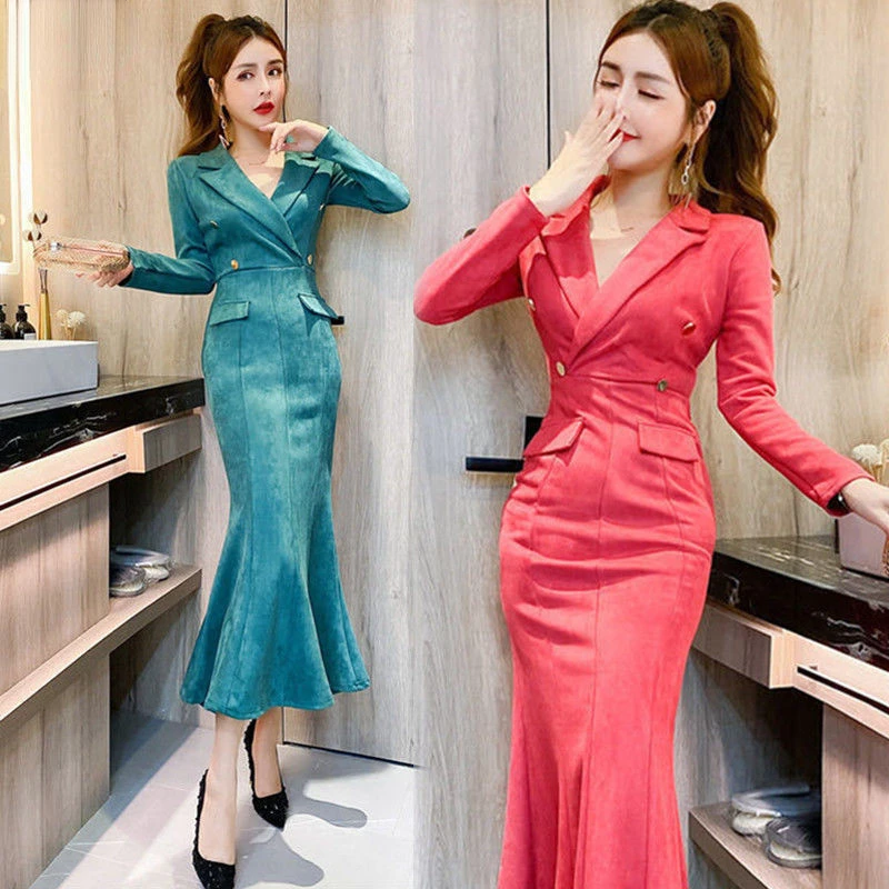 

Fashion Elegant Fishtail Dress V-neck Long Sleeve Robe 2022 Spring New Women High Waist Lady Office Wear dress Solid Color K432