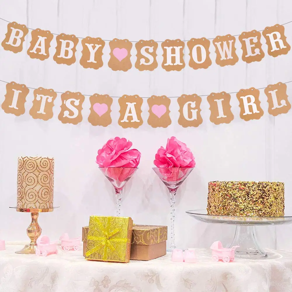

Детский праздник «Baby Shower and It's A Girl», гирлянда, флажки, баннер из крафт-бумаги, розовый фотореквизит для детского праздника, декор вечерние ри...