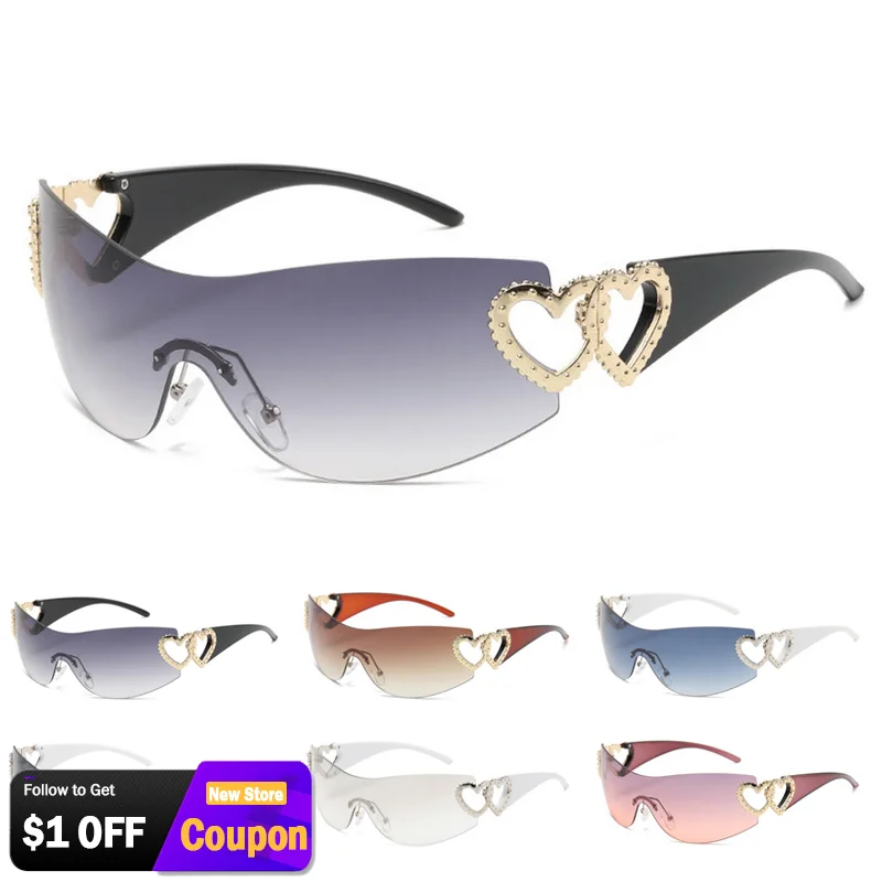 

Punk One Piece Rimless Sunglasses UV400 Hollow Heart Goggle Women Men Brand Designer Y2K Riding Sun Glasses Sun Shades Eyewear