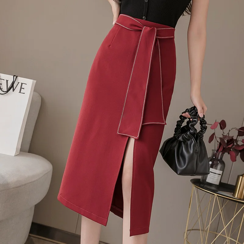 

Women Elegant Fashion Lace-up Pencil Skirts 2021 Spring Summer New High Waist Slit Midi Long Skirt Ladies OL Knee-length Skirts