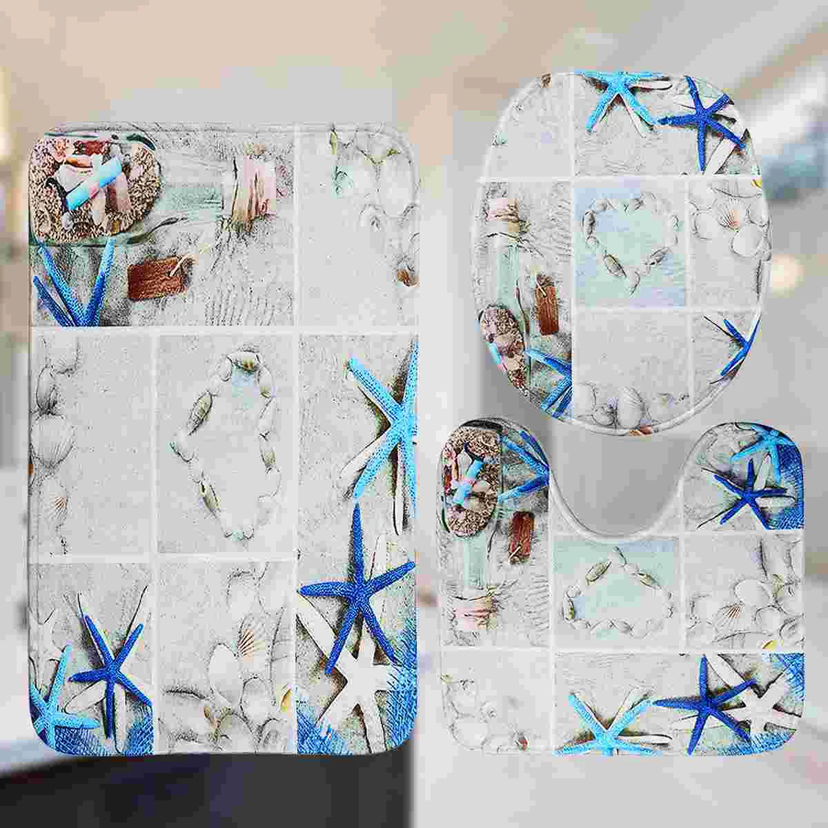 

3 in 1 Printing Pattern Bathroom Mat Set Antiskid Washroom Carpet Mat Toilet Seat Lid Cover Pad - Grids and Seafish (As Shown)