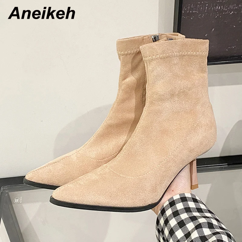 

Aneikeh Fashion Pointed Toe High Heel Sock Boots Ladies Rome Flock New Spring/Autumn Mid-Calf Zippers Sewing MATURE DRESS Solid