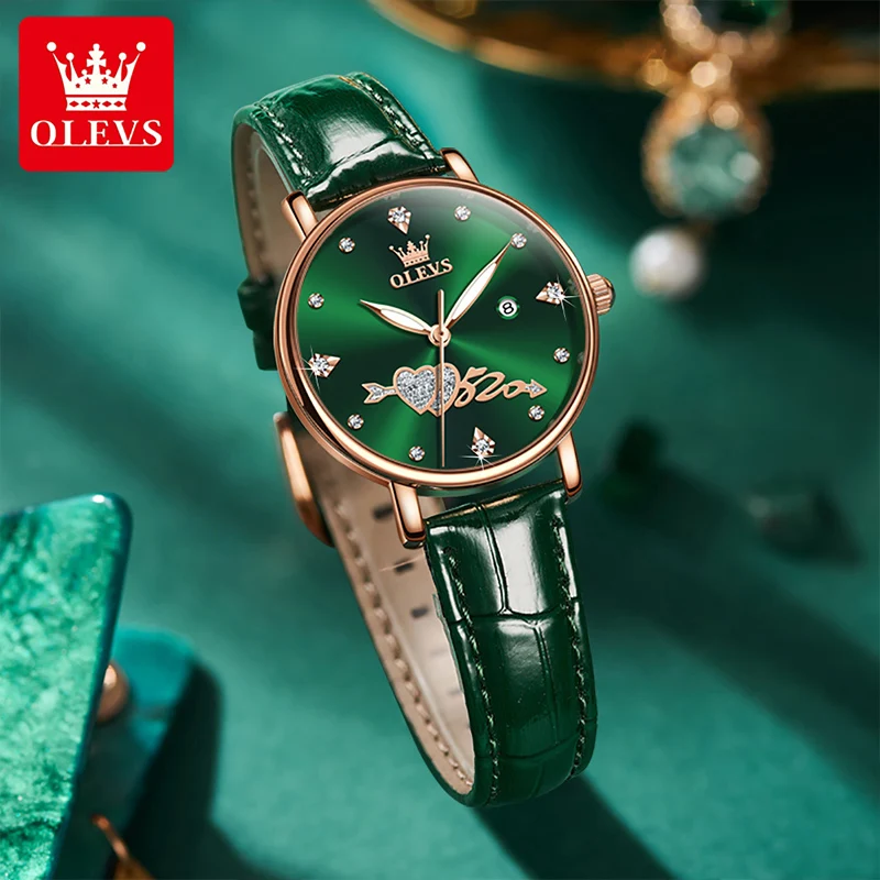 

OLEVS 2022 Casual Watch Luminous Waterproof Breathable Green Leather Ladies Calendar Dial Quartz Watches Relogio Feminine 5509