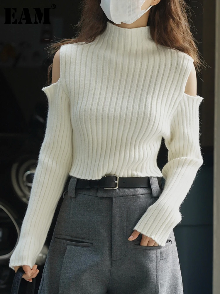 

[EAM] Oat Color Offer Shoulder Knitting Sweater Turtleneck Long Sleeve Women Pullovers New Fashion Spring Autumn 2023 1DH2760