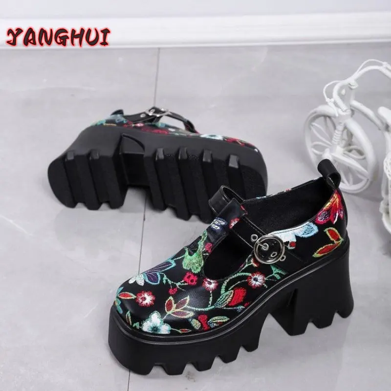 

Spring and Autumn New Fashion Retro Printed Small Leather Shoes Women's Comfortable Versatile Thick Sole Thick Heels Shoes Mujer