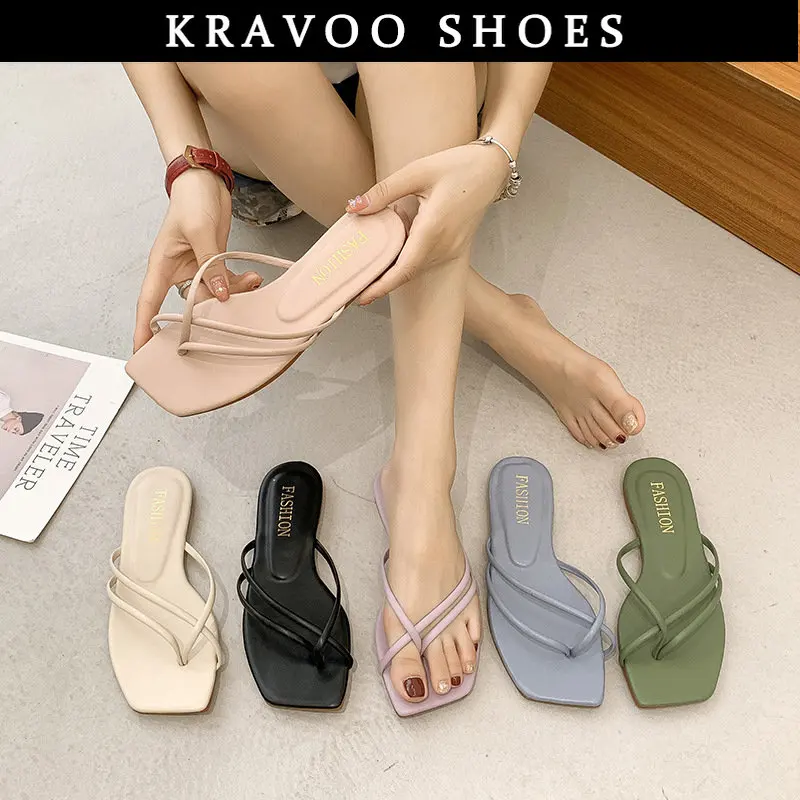 KRAVOO Square Toe Women Shoes Flip Flops Female Slippers Narrow Band Female Sandals Purple Female Slipper Beach Slides 2023