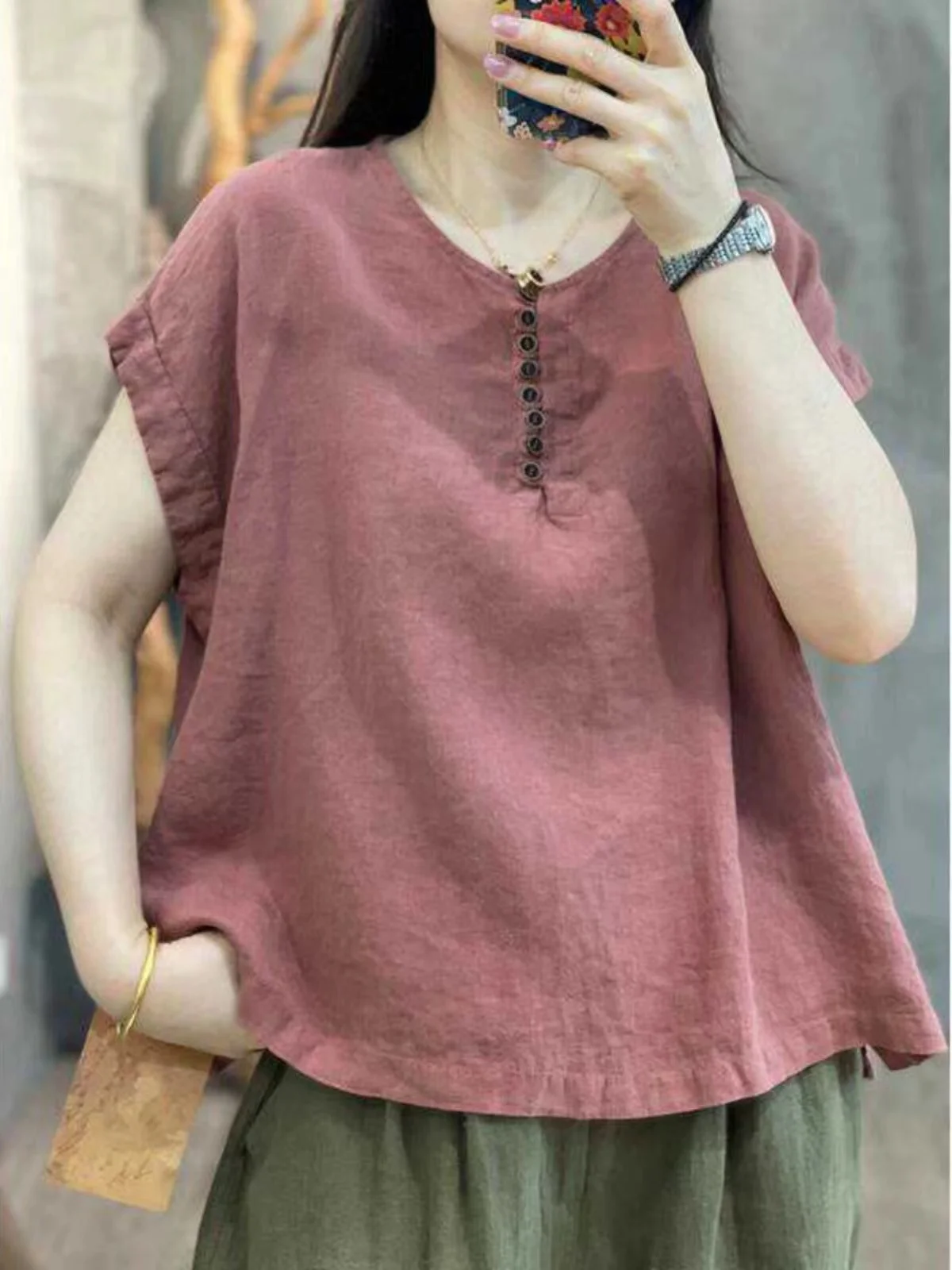 round Neck Short sleeve Cotton and Linen Loose Belly Covering Casual T-shirt Women 2024 Summer New Retro All-Matching Top |
