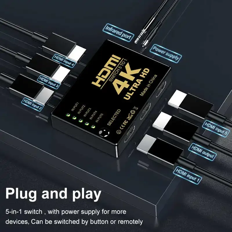 4K HDMI-совместимый переключатель, 5-портовые HDMI-совместимые переключатели с ИК-пультом дистанционного управления для Xbox PS4, DVD, HDTV, ПК, ноутбука, ТВ (art.: 3920cefa3ada5) - 3920cefa3ada5