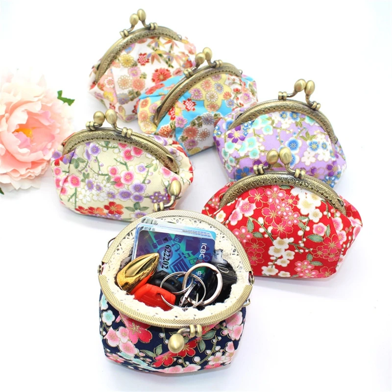 

Flower Printing Hasp Coin Purses Cotton Leather Change Wallet Lady Card Holders Key Bag Purse Pendant Pouch