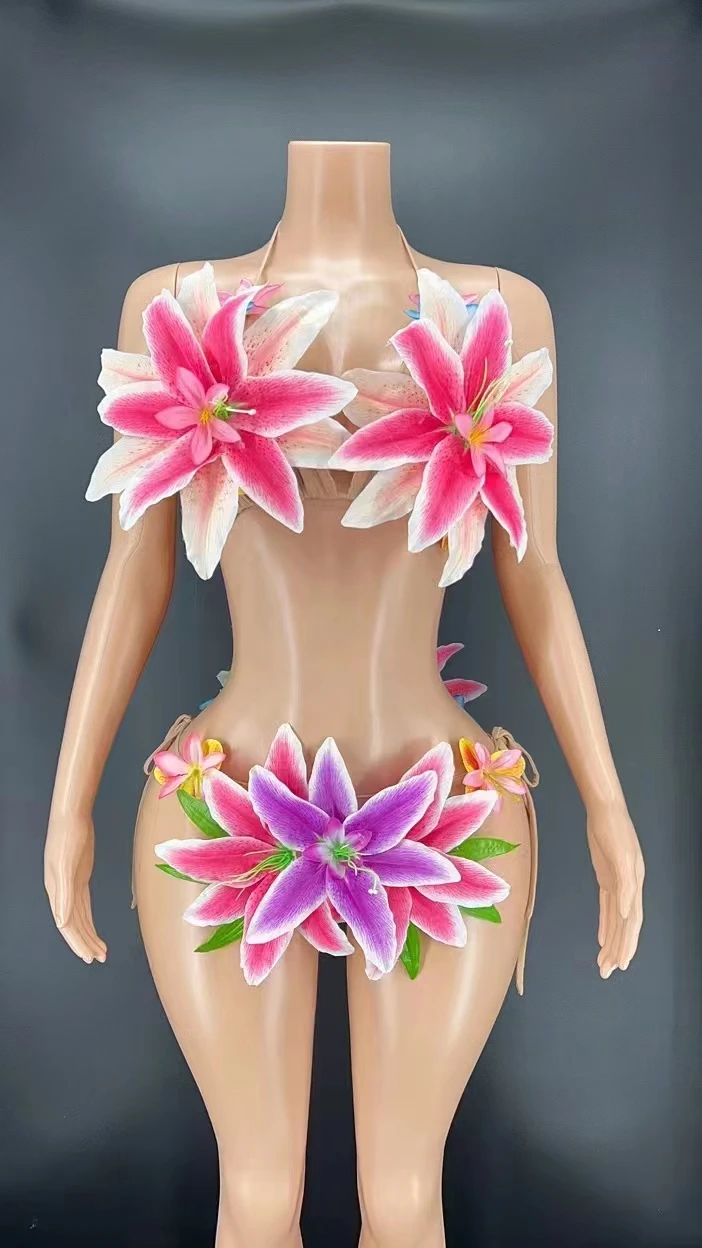 

Sexy Flowers Bikini Women Night Out Costume Club Dancer Show 2 Pieces Outfit Set Stage Costume Evening Prom Party Clothing