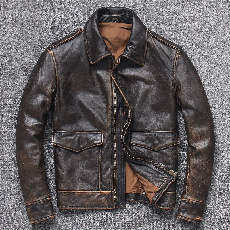 

New high-quality May Khaki leather men's Air Force flying leather jacket retro do old head layer cowhide motorcycle suit coat