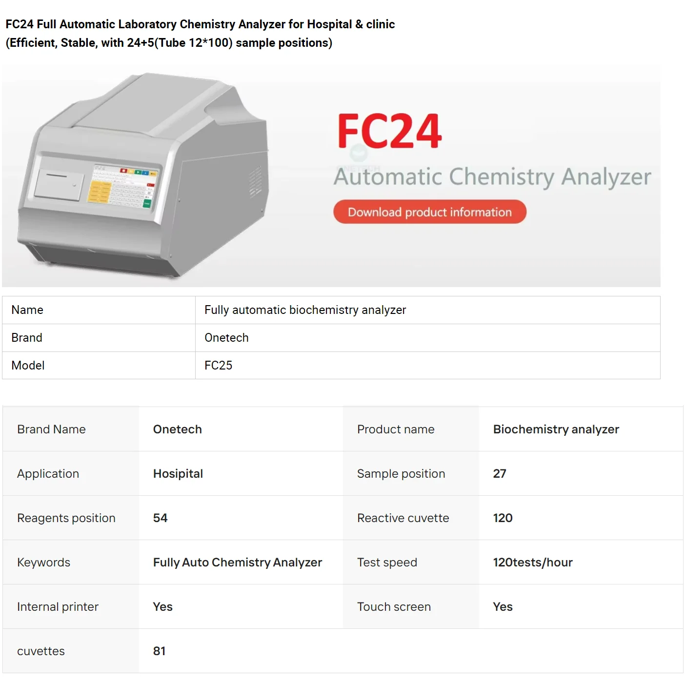 Фото Автоматический биохимический анализатор Onetech FC24 Easy Laboratory, 120 тестов/час, 7-дюймовый сенсорный экран, анализатор крови, цена №5