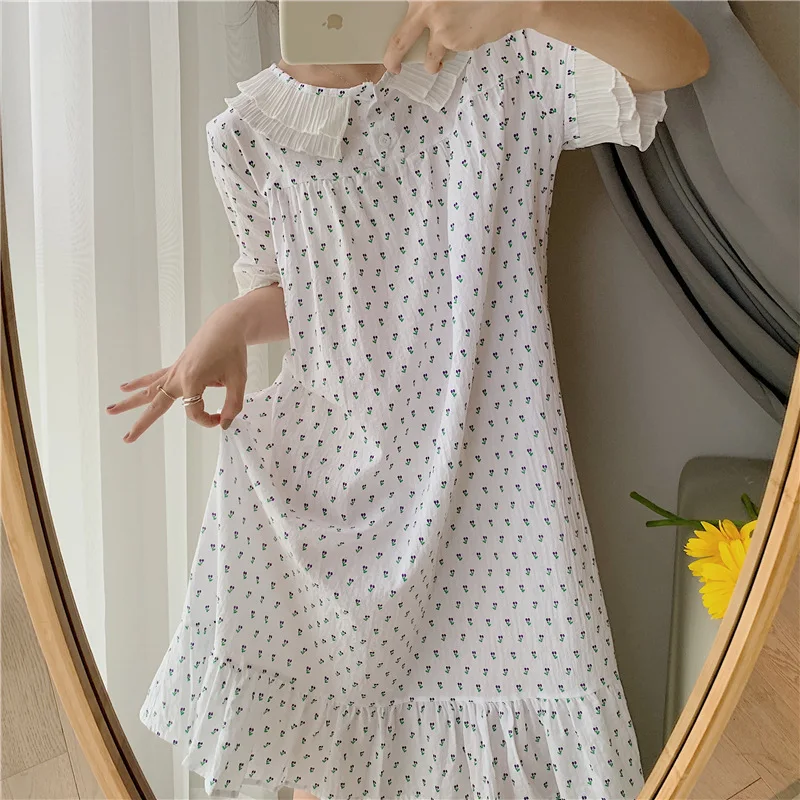 2022 Summer Women's Kawaii Pajamas Nightdress Cotton Floral O-neck Thin Night Gown Homewear Vestidos Women Sleepwear Maxi Dress