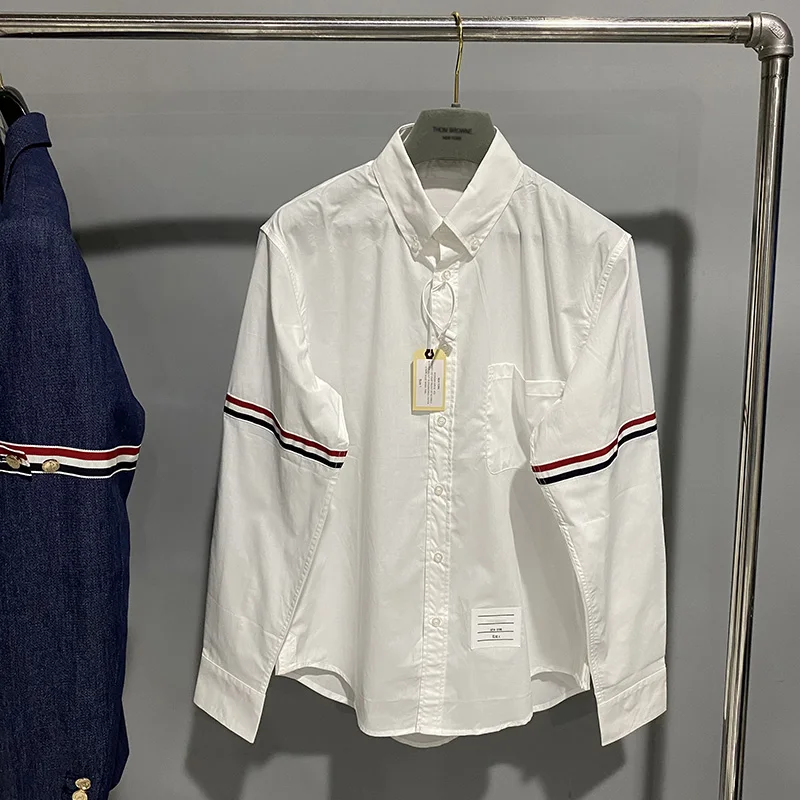 

TB Shirt Classic Double Sleeve Red White Blue Color Stripe Webbing Poplin Thin Slip Fabric Casual White Point Collar Shirt