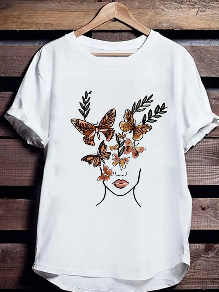 

Женская футболка с круглым вырезом, коротким рукавом-бабочкой и принтом