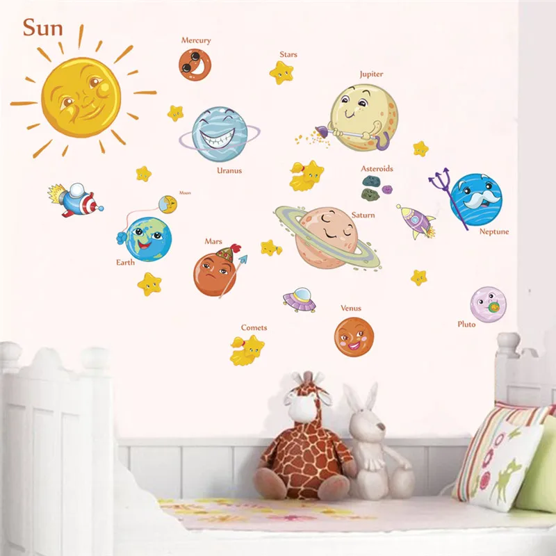 

Solar System Cartoon Planet Spaceship Wall Stickers For Kids Room Bathroom Decorations Boys Nursery Mural Art Diy Pvc Home Decal