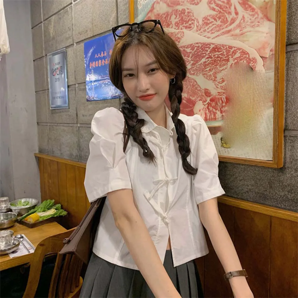 

Женская белая рубашка с коротким рукавом, нишевой дизайн лета 2022, новый французский шикарный короткий топ с пышными рукавами для студенток ...