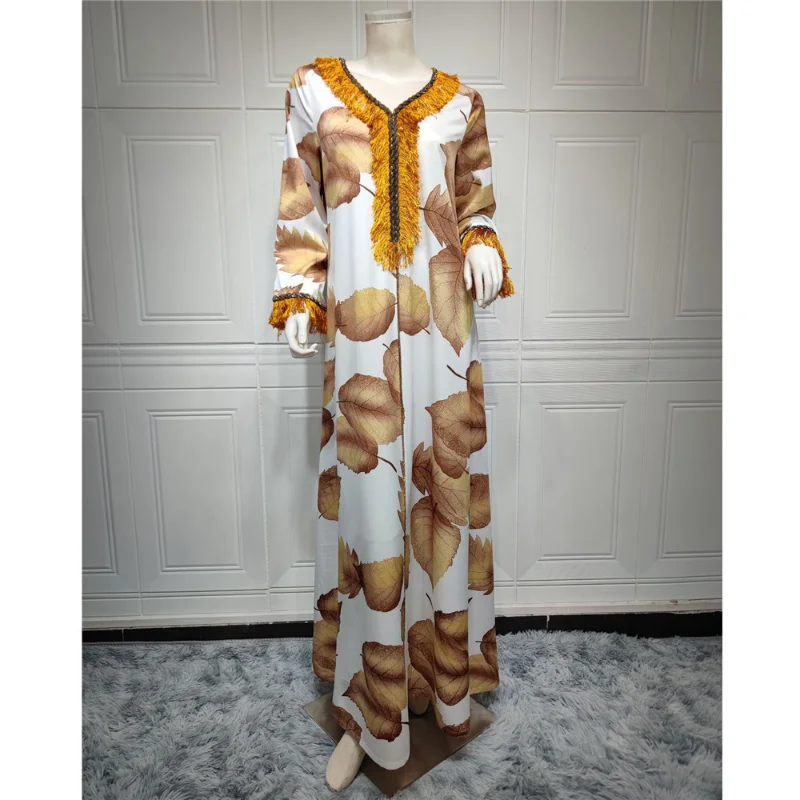Abaya Leaf Printed Long Dress for Women Arabic Party Kaftan Braided Trimming Saudi Gulf Dubai Jalabiya Muslim Evening Dresses