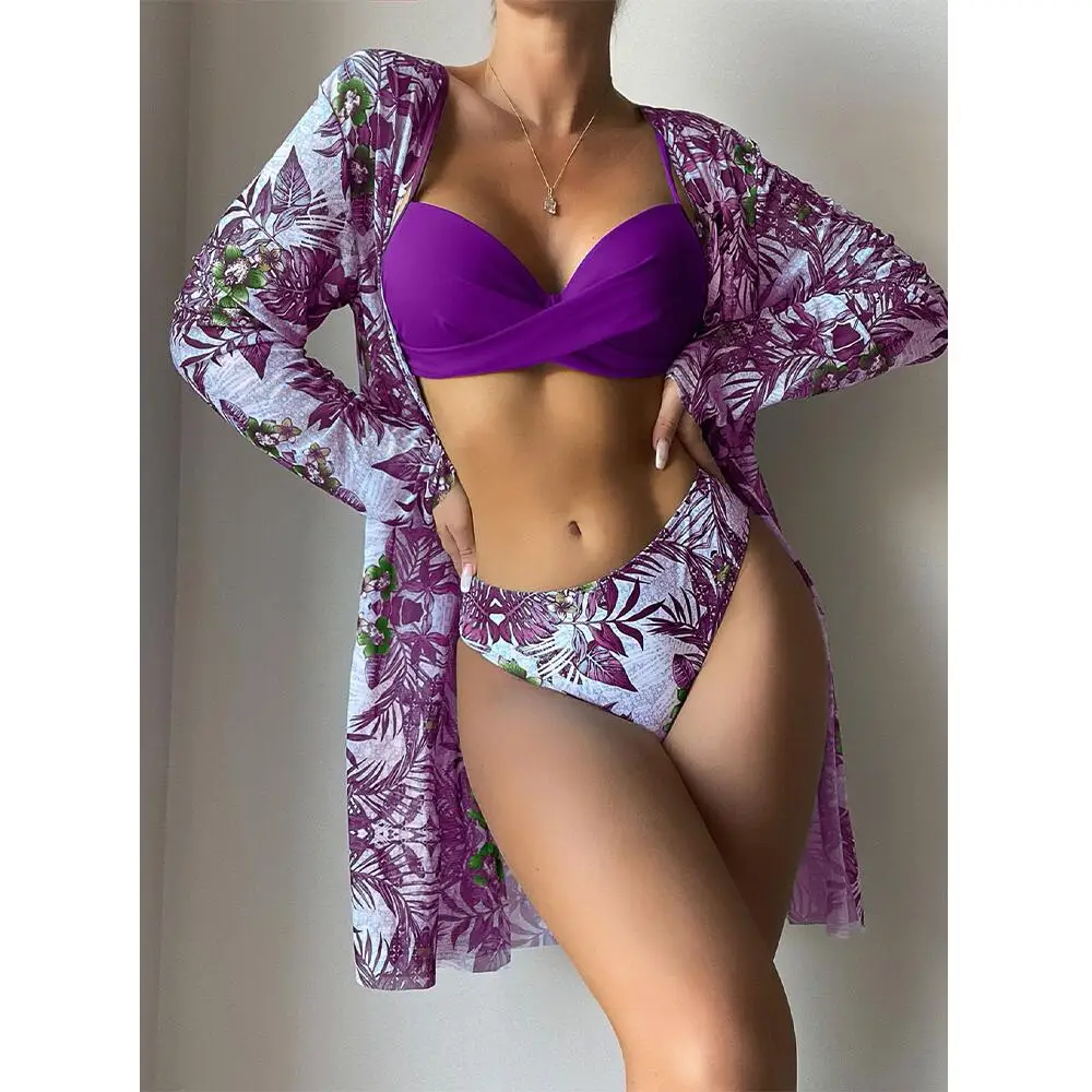 

Three Pieces Set Bikini Cover Up Women 2022 New Push Up Twist Swimsuit Floral Print Long Sleeve Swimwear Biquini Suit Summer