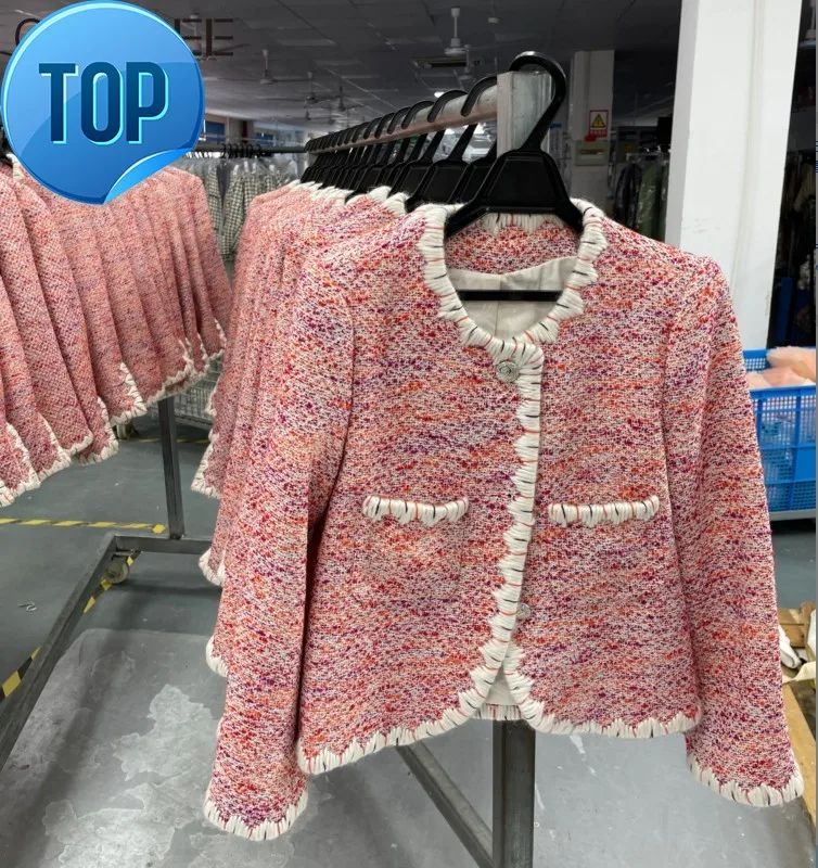 

Женская твидовая куртка, дизайнерская брендовая розовая однобортная короткая куртка из смеси шерсти с круглым вырезом, верхняя одежда, осень-зима 2023