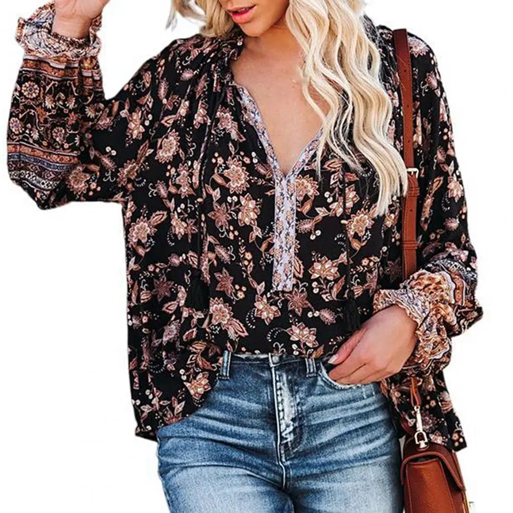 

Summer Fashion Women Floral Printed V Neck Loose Long Sleeve Pullover Shirt womens clothing tshirt women