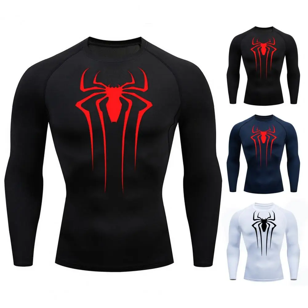 

Men Long-sleeved Top Spider Print Men's Long Sleeve Compression Gym T-shirt Sweat Absorption Elasticity Breathability for Fall