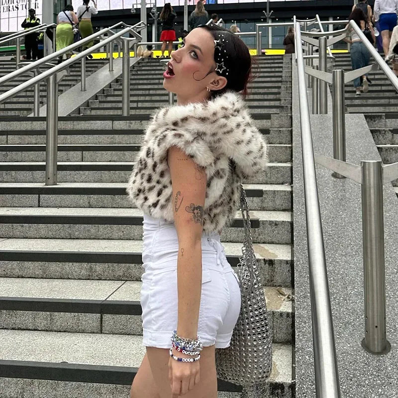 Сексуальные женские бюстье с леопардовым мехом майки капюшоном плюшевые