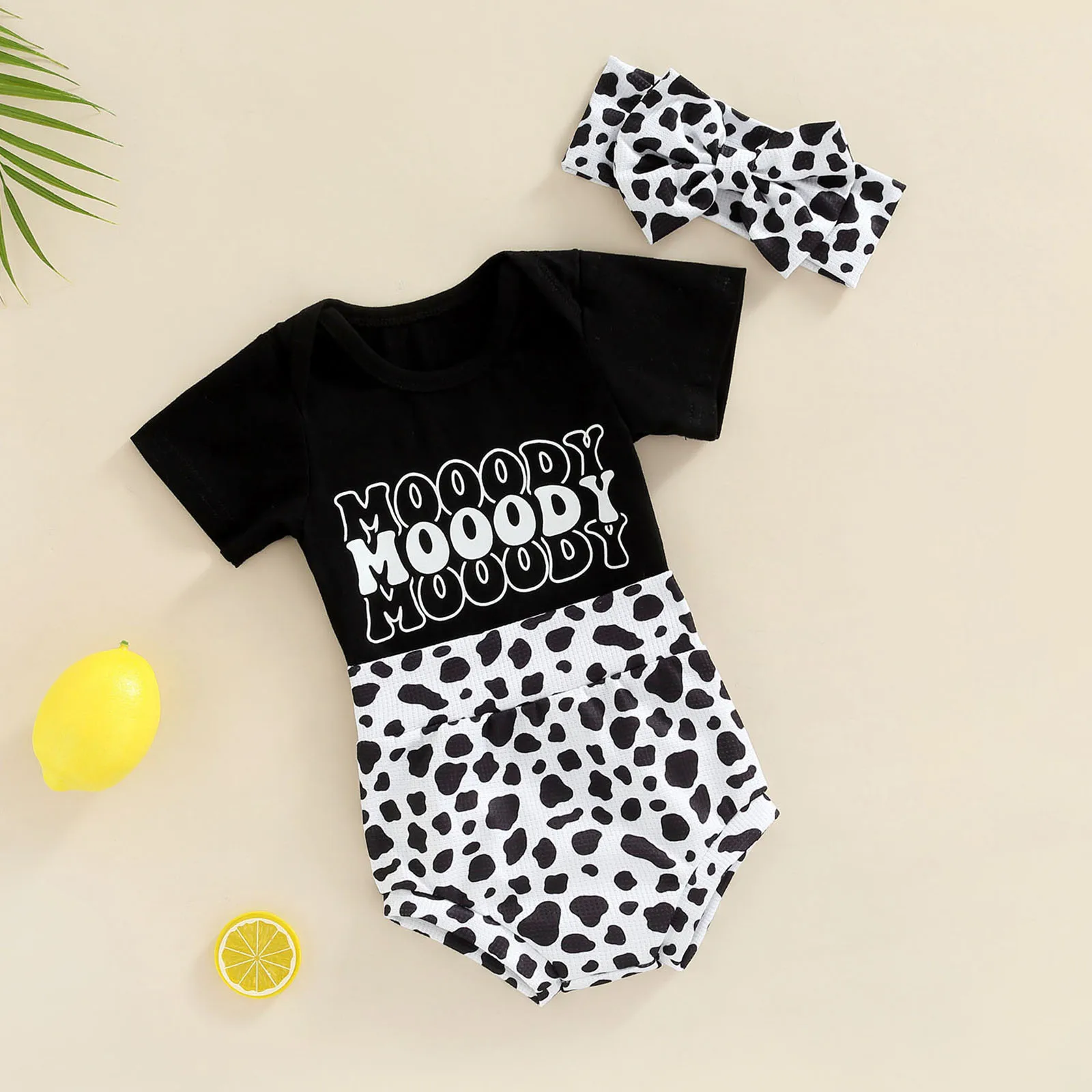 

Infant Baby Girls Three-piece Layette, Black Short Sleeve Romper, Cow Print Shorts and Headdress