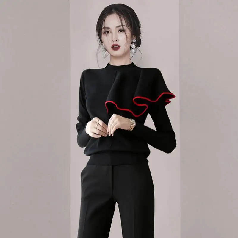 

2022 Fall Winter Ruffles Sweater O-neck Ruched Women Sweaters High Elastic Solid Female Slim Sexy Knitted Pullovers Tops Q586