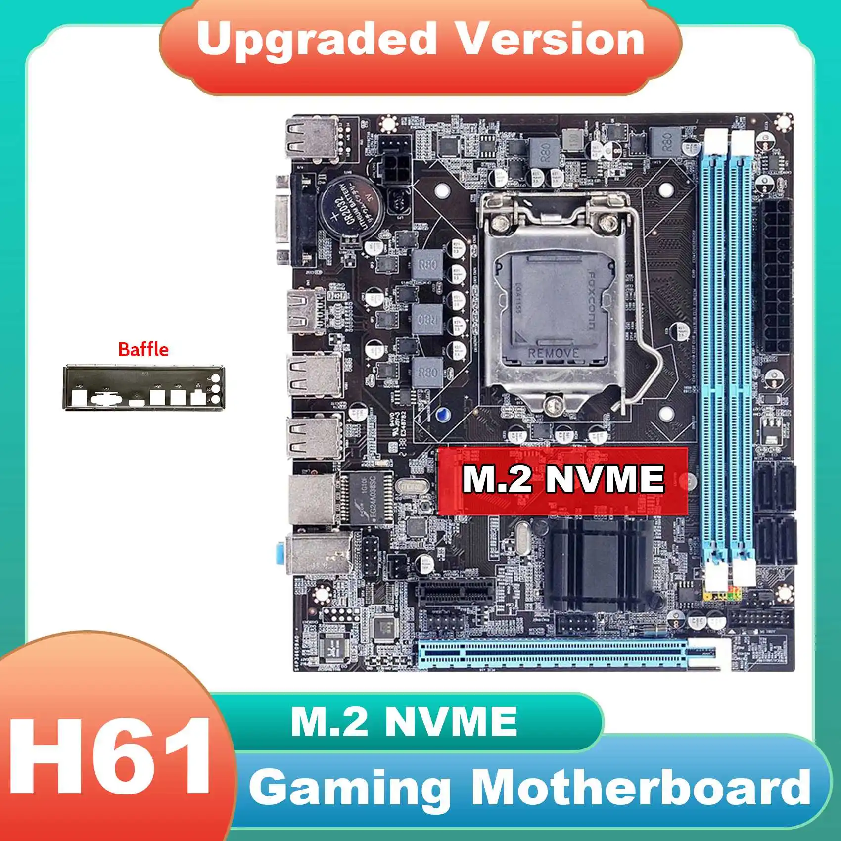 

H61 Motherboard+Baffle LGA1155 M.2 NVME Support 2XDDR3 RAM PCIE 16X for Office for PUBG CF LOL Gaming Motherboard