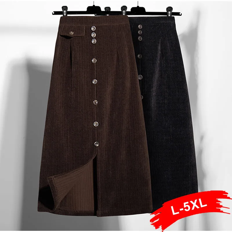 

Aesthetic Office Lady Button Up Brown Mid Length A-line Skirts XXL Fall Vintage Hight Waist Split Casual Classic Medieval Skirt