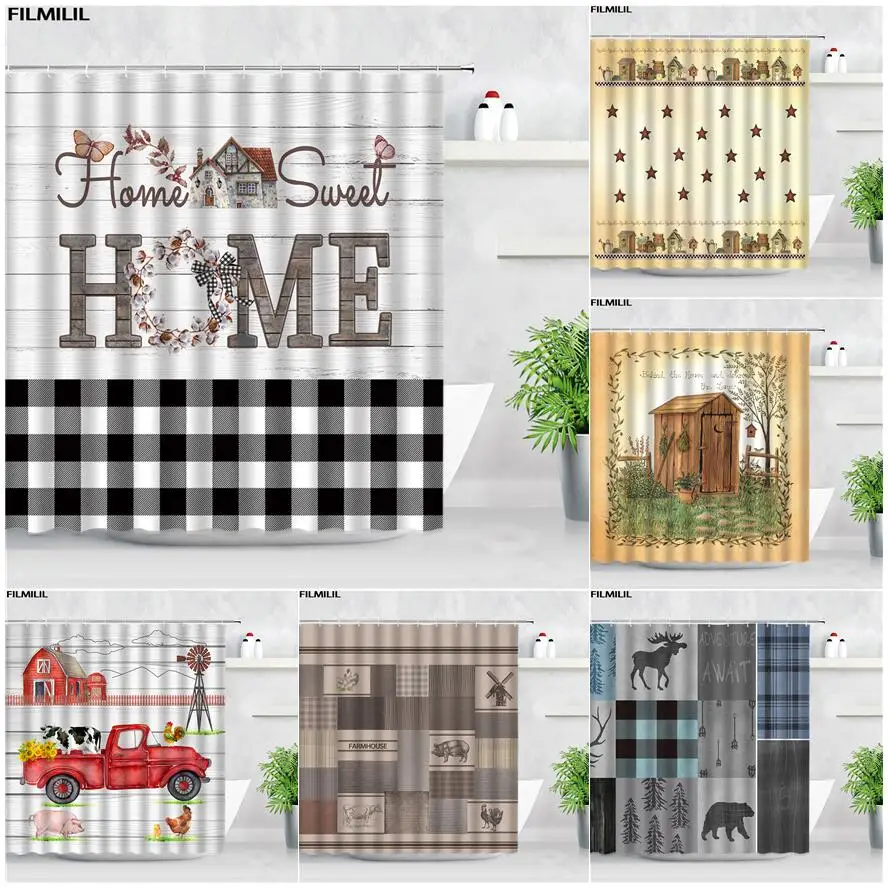 

Шторы для душа в черно-белую клетку, домашние занавески для душа, ферма, красный грузовик, корова, фермерское животное, Бабочка, цветы, серый ...