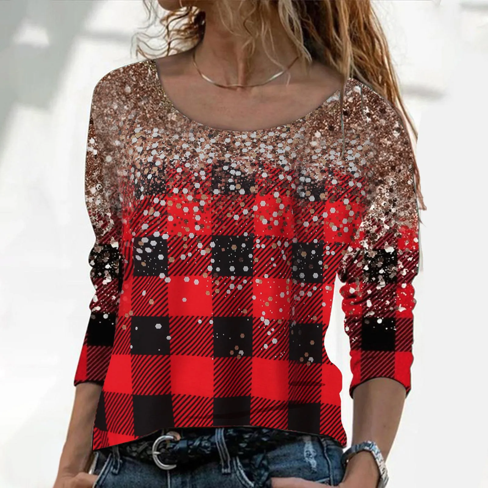 

Женская Повседневная футболка с блестками и длинным рукавом, с круглым вырезом, свободная блузка, женские топы с коротким рукавом, спортивн...