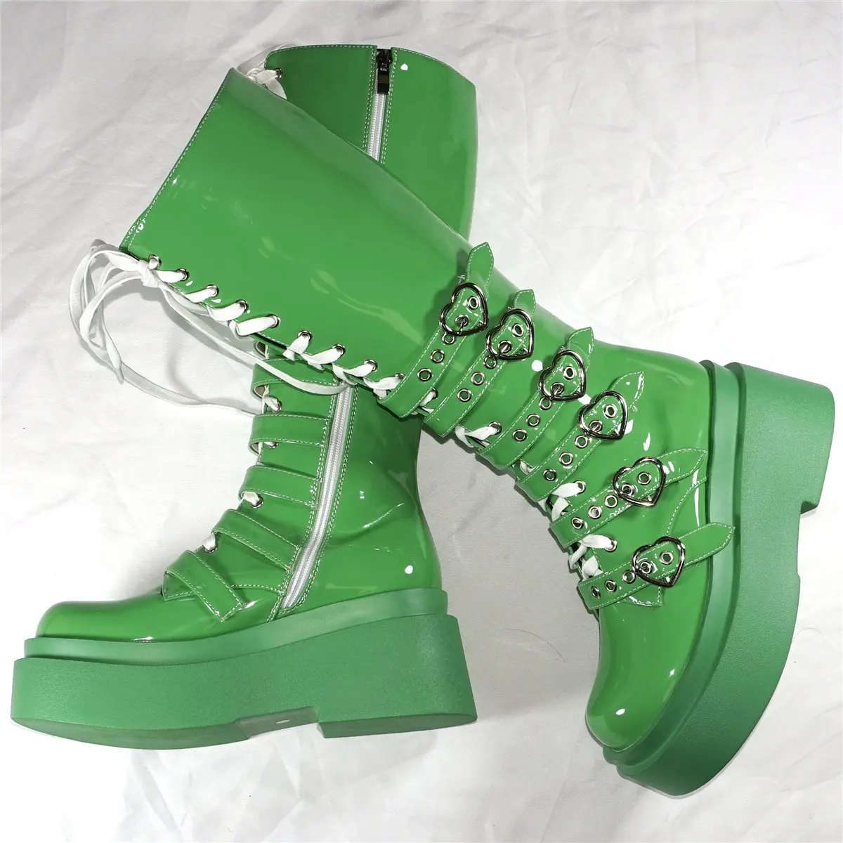Platform Pumps Shoes Women Green Patent Leather Wedges High Heel Thigh High Boots Female Round Toe Fashion Sneakers Casual Shoes