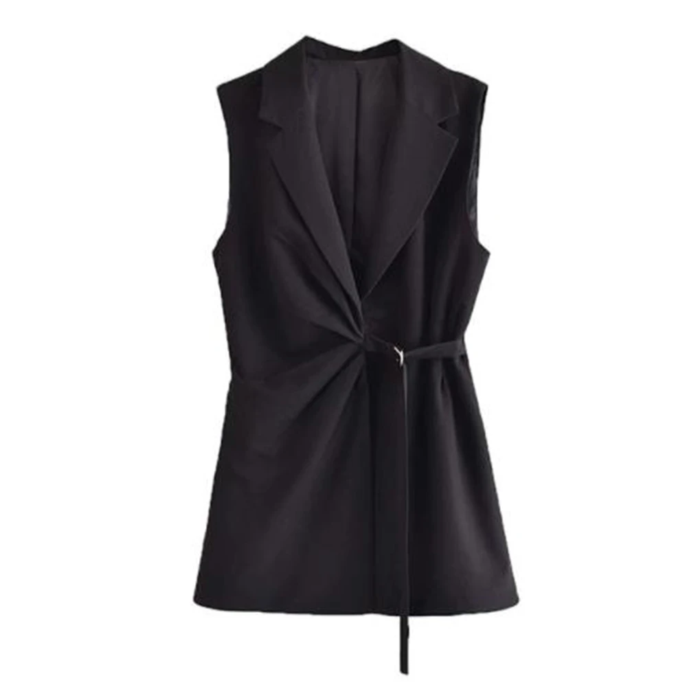 

Women's Black Mini Dresses with Slash Office Ladies Waistcoat Sleeveless Blazer Tops Female Gilet Belt Slim Coat Outerwear Jacke