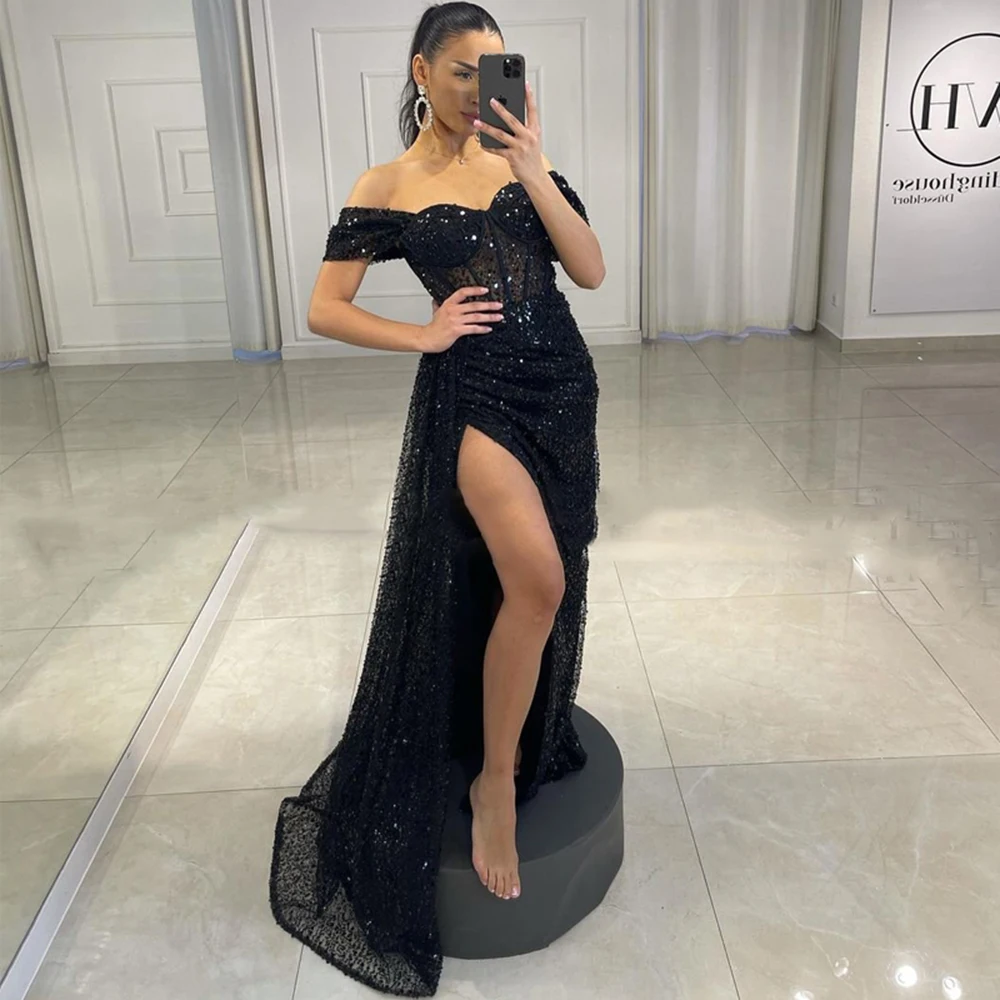 

Sexy Off The Shoulder Black Prom Dress Mermaid Ruched Glitter Sequins Split Slit Formal Party Evening Wear فساتين مناسبة رسمية