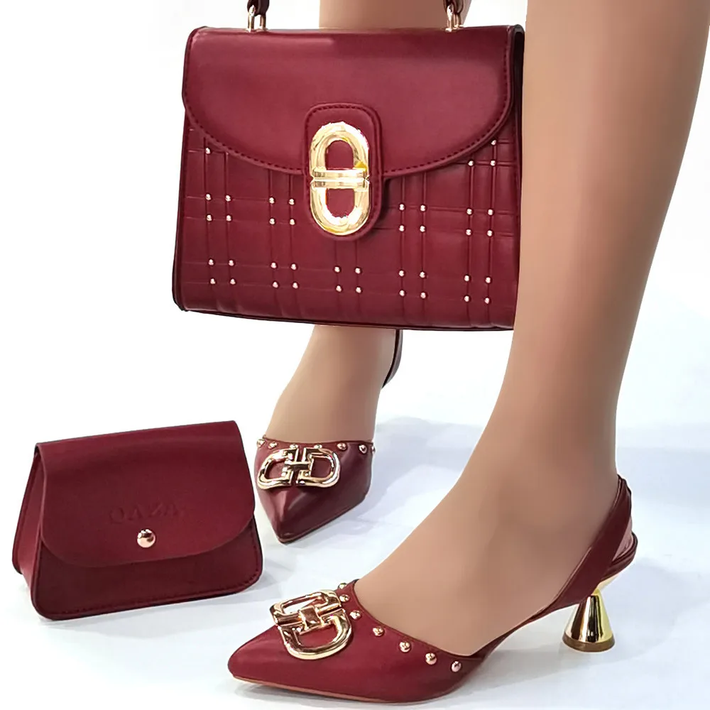 2023 Nigeria Popular New Elegant Wine Color Crinkled Fabric Tote Handle Simple And Versatile Exquisite Party Shoes And bag Set