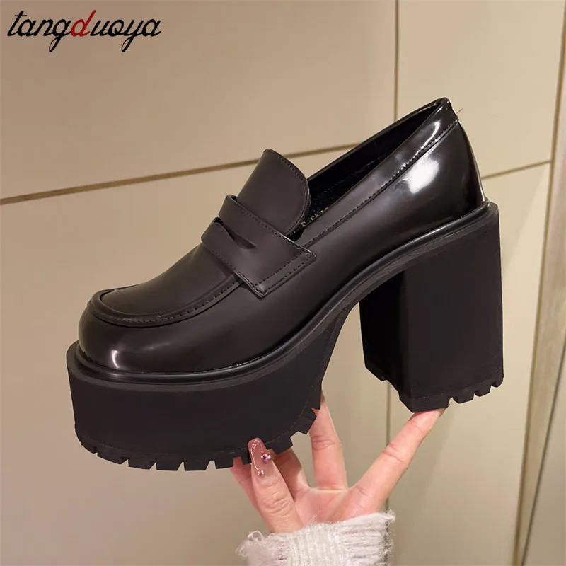 

platform heels loafers Women Shoes Black Chunky Heel Pumps Leather Lolita Style Platform Cover Heel Slip-On Sexy Shoes Lady Shoe